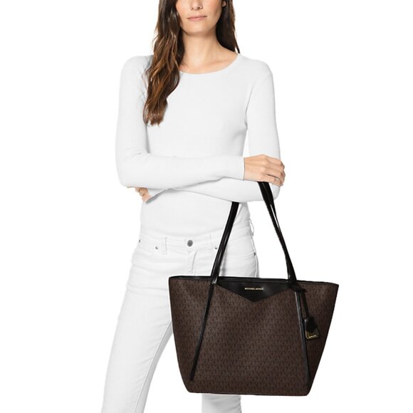 Michael Kors Whitney Large Brown/Black Leather Top Zip Shoulder Tote Bag - Picture 3 of 11